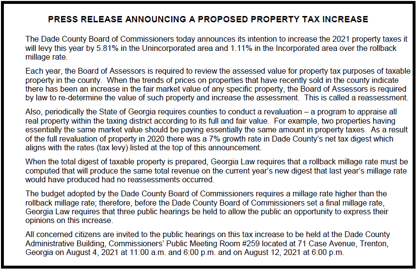 Dade County Advertises Propose Tax Increase as County’s Assessed Value